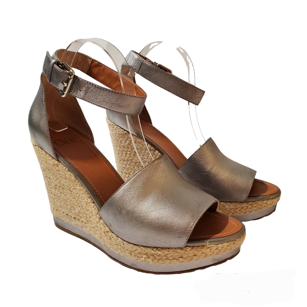 Clée Silver Wedge Strappy Open Toe Espadrille Sandal Size 10